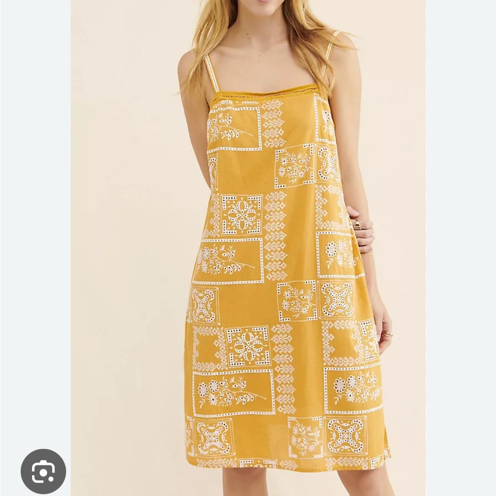 Anthropologie Mustard and White Patterned Dress